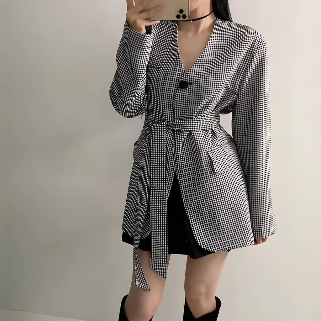 Women's houndstooth slim tied suit with long sleeves, average size, two-piece coat and trousers set