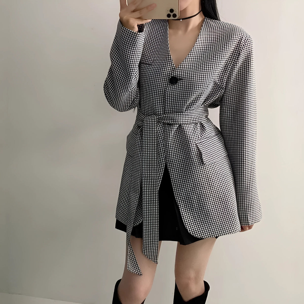 Women's houndstooth slim tied suit with long sleeves, average size, two-piece coat and trousers set