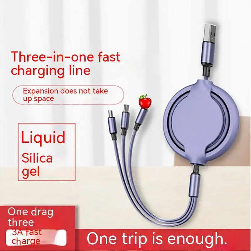 Three-in-one liquid silicone fast charging cable with aluminium alloy connectors, 1.2m length, in five colours.