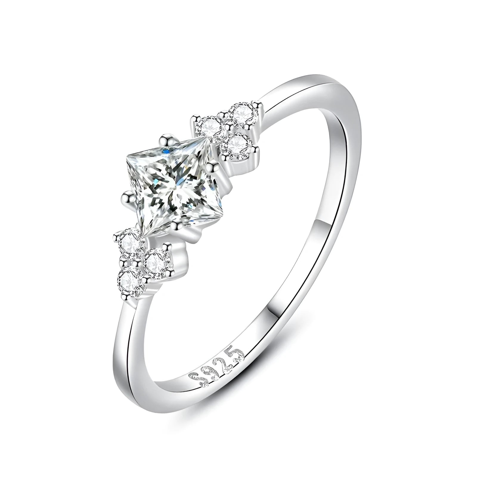 S925 silver ring with geometric rhombus shape and gold-plated setting on a plain background