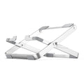 Folding silver grey aluminium laptop stand with silicone pads in expanded position showing heat dissipation design