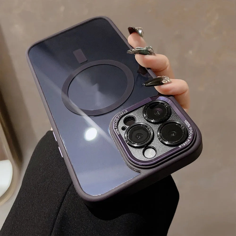 Transparent metal acrylic magnetic suction TPU phone case for iPhone, black and purple colour options