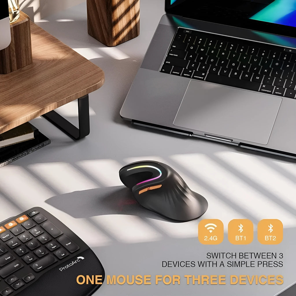 Black vertical ergonomic Bluetooth mouse with RGB lighting on office desk