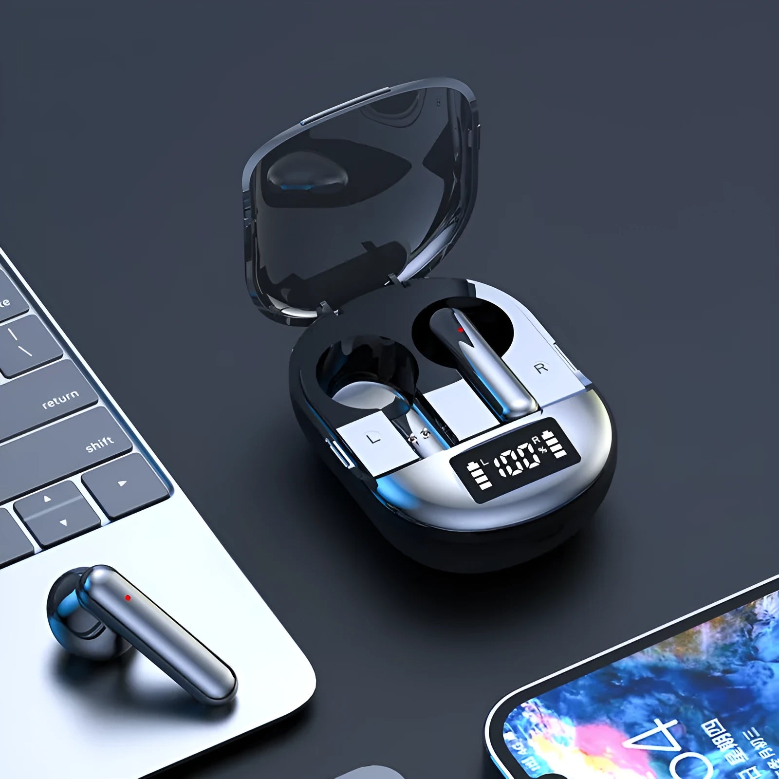 Black and white wireless Bluetooth in-ear headphones with digital display showing battery level
