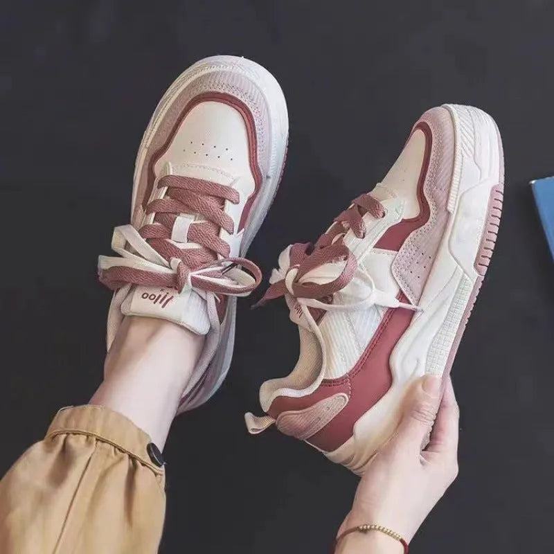 Beige and pink low-top rubber sneakers with height increasing soles for women