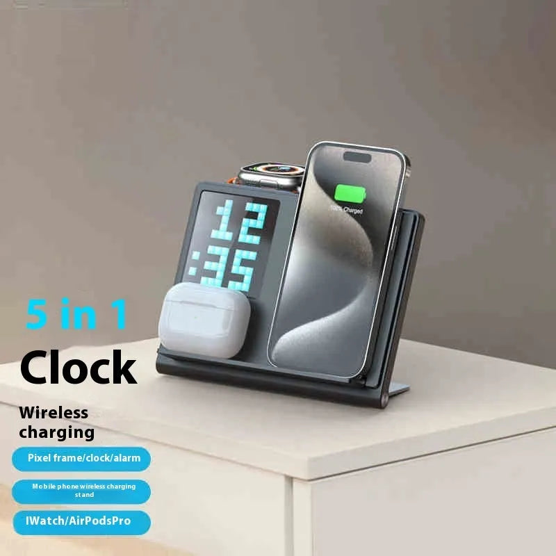 Folding five-in-one wireless charger in black with digital clock display showing time and charging pads.