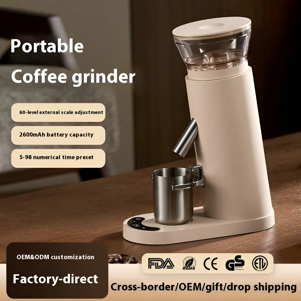 Portable electric coffee grinder in stainless steel with 0.5L capacity showing beige and black colour options