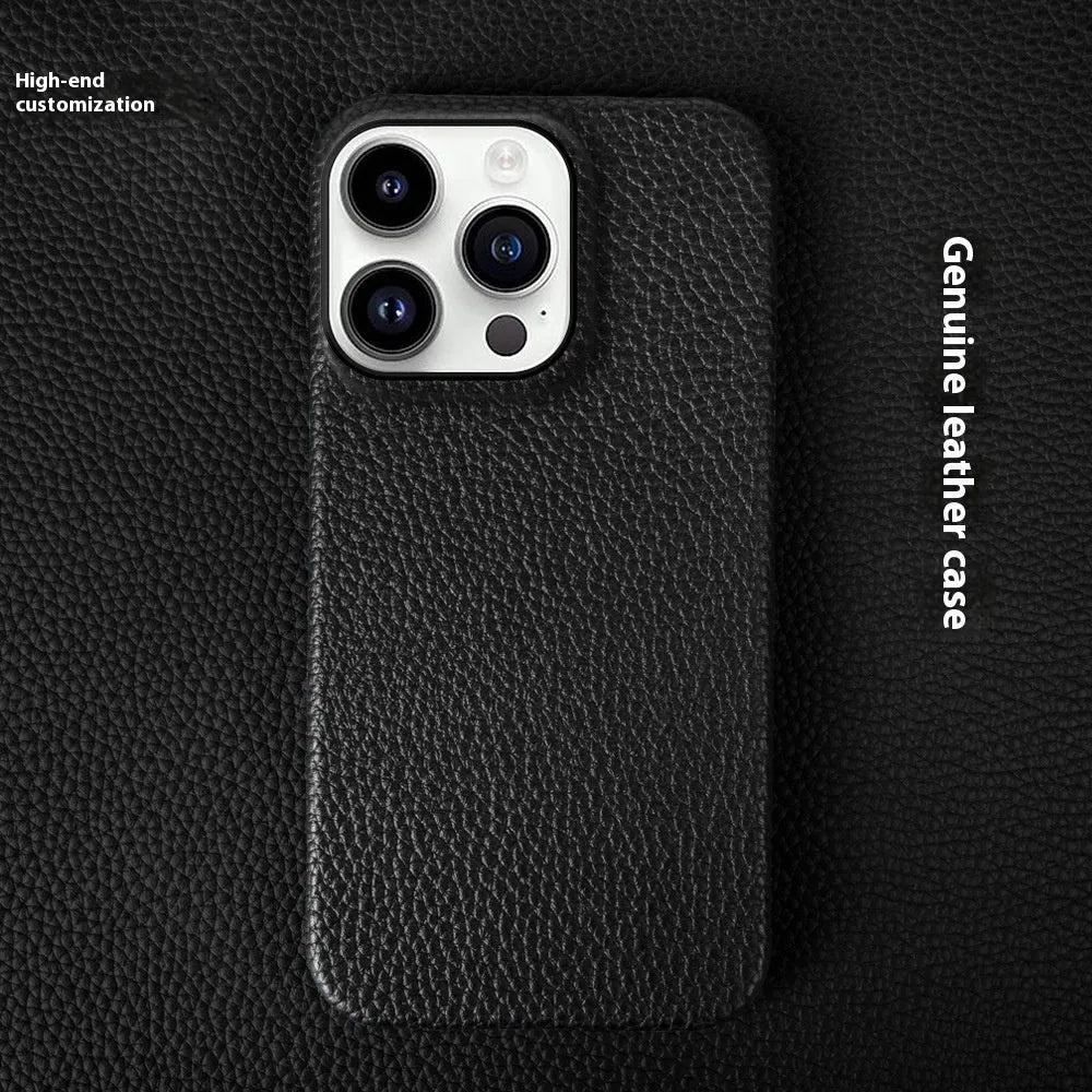 Genuine leather half pack phone case in orange, for iPhone 16 series, with anti-fall and anti-wear features