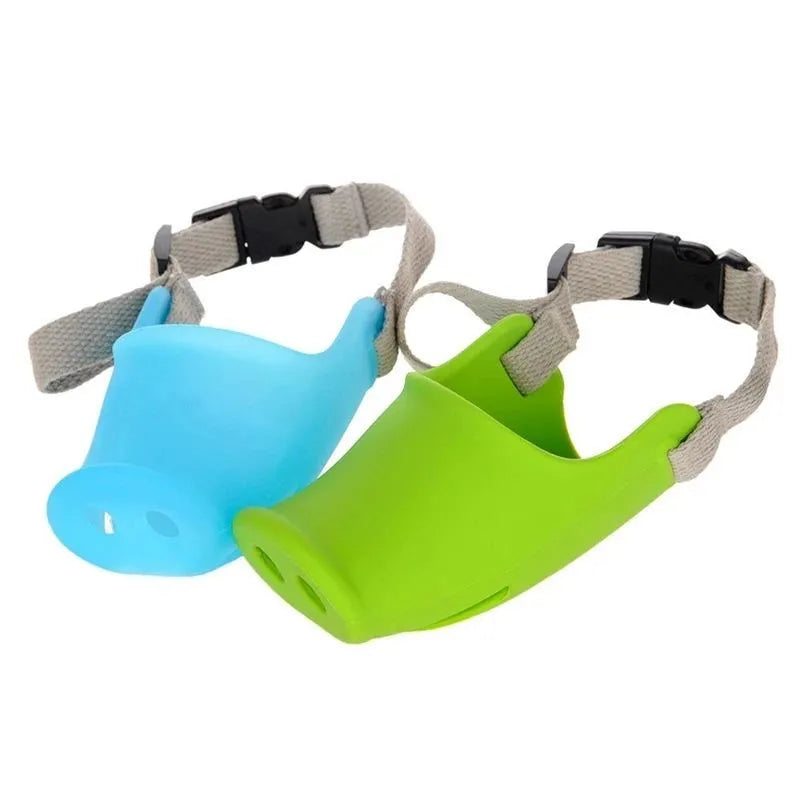 Silicone dog anti-bite mouth cover in blue and green colours showing two size options