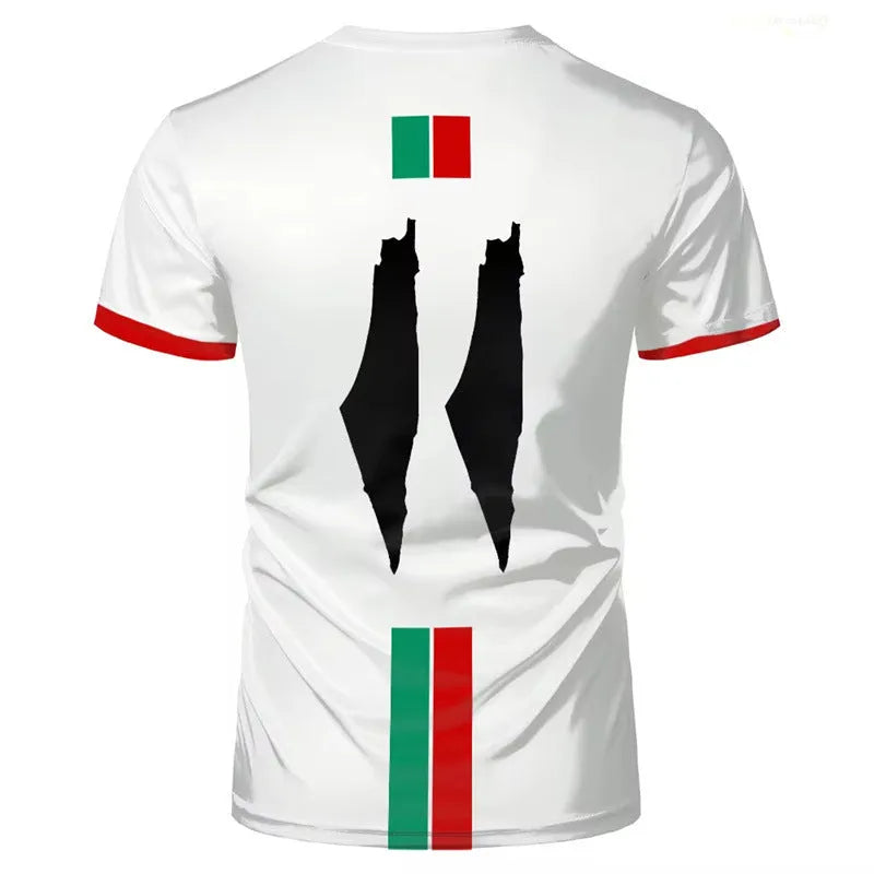 Black 3D printed football graphic on a white short sleeve spandex T-shirt.