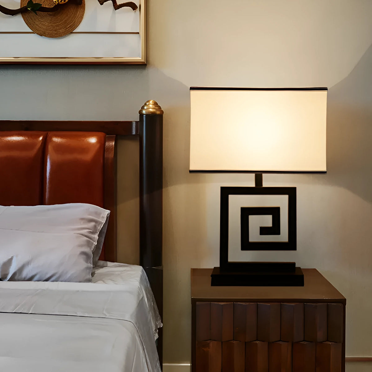 Retro style table lamp with fabric lampshade, iron frame, and remote control switch on a bedside table