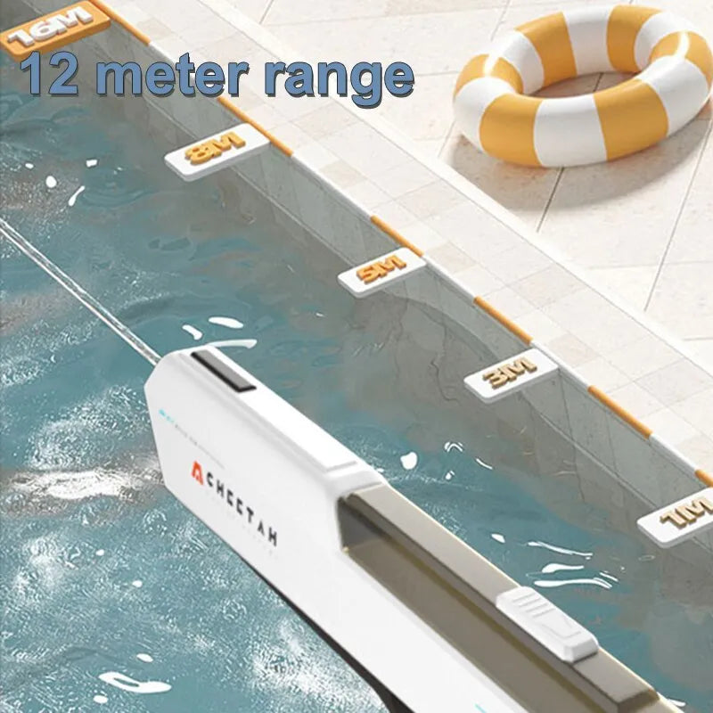 Fully electric water gun in sky blue with automatic water intake and 12m range for summer play