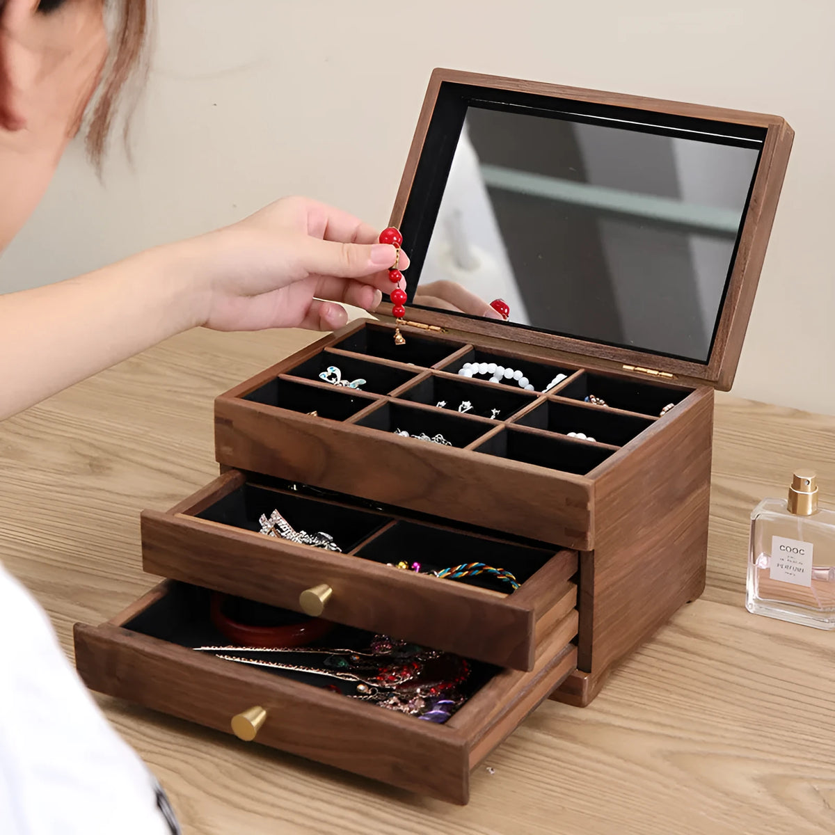 Black walnut cosmetic storage cabinet with pull-out double-layer, paulownia wood, brass, and tempered glass, 24x17x17cm