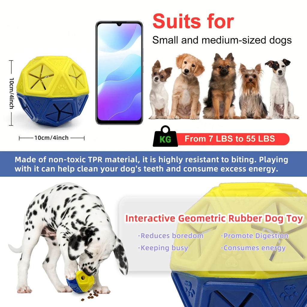 Blue and red hollow dog puzzle ball with treat-dispensing centre for interactive bite-resistant play.