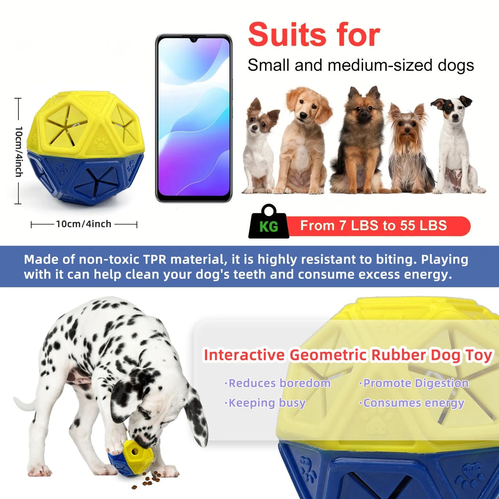 Blue and red hollow dog puzzle ball with treat-dispensing centre for interactive bite-resistant play.