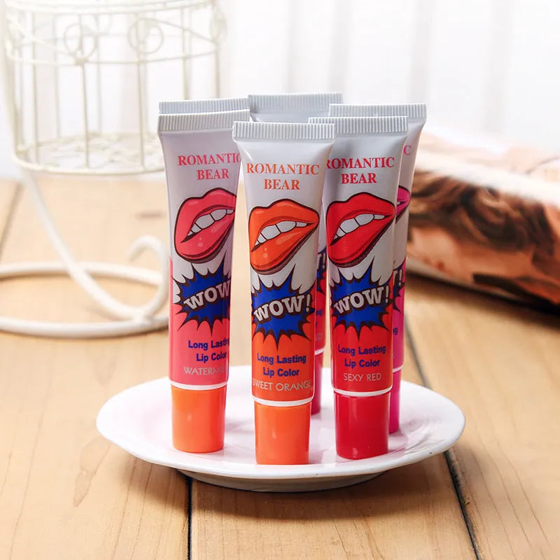Set of six peel off liquid lipstick colours in Rose Pink, Cherry Red, Sex Red, Watermelon, Lovely Peach, and Sweet Orange