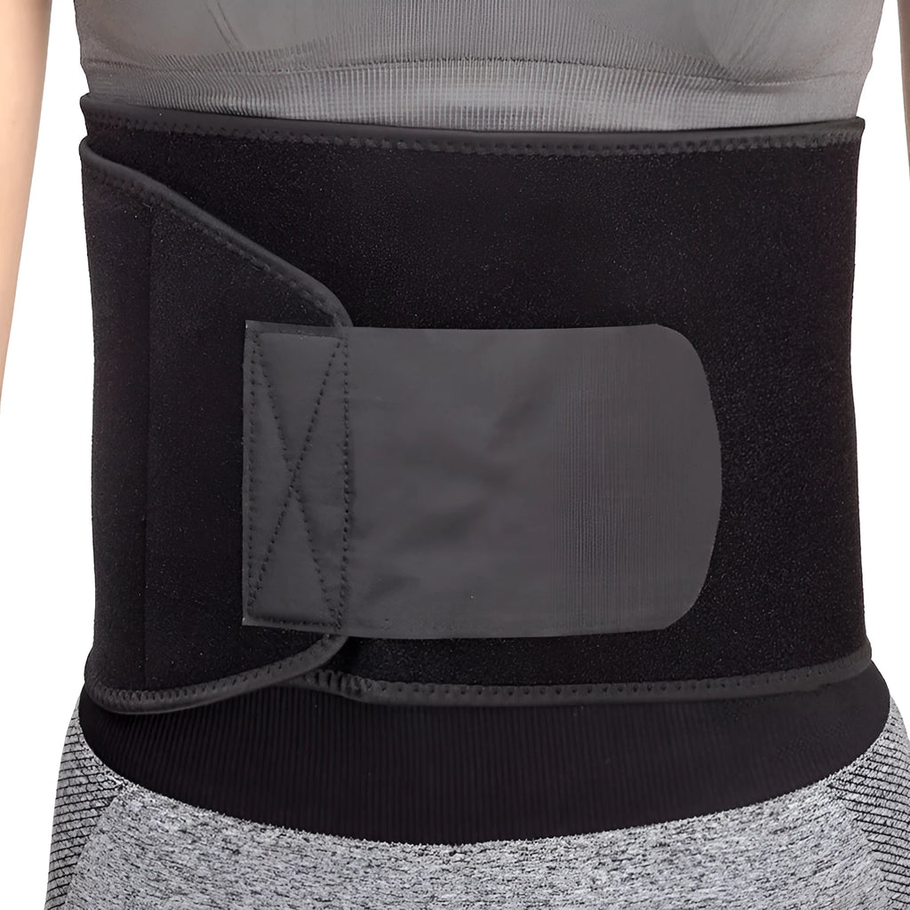 Black waist support belt for yoga and fitness activities providing lumbar protection