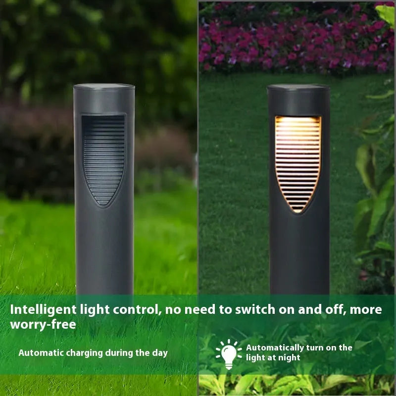 Black geometric abstract art solar garden light for outdoor decorative use.