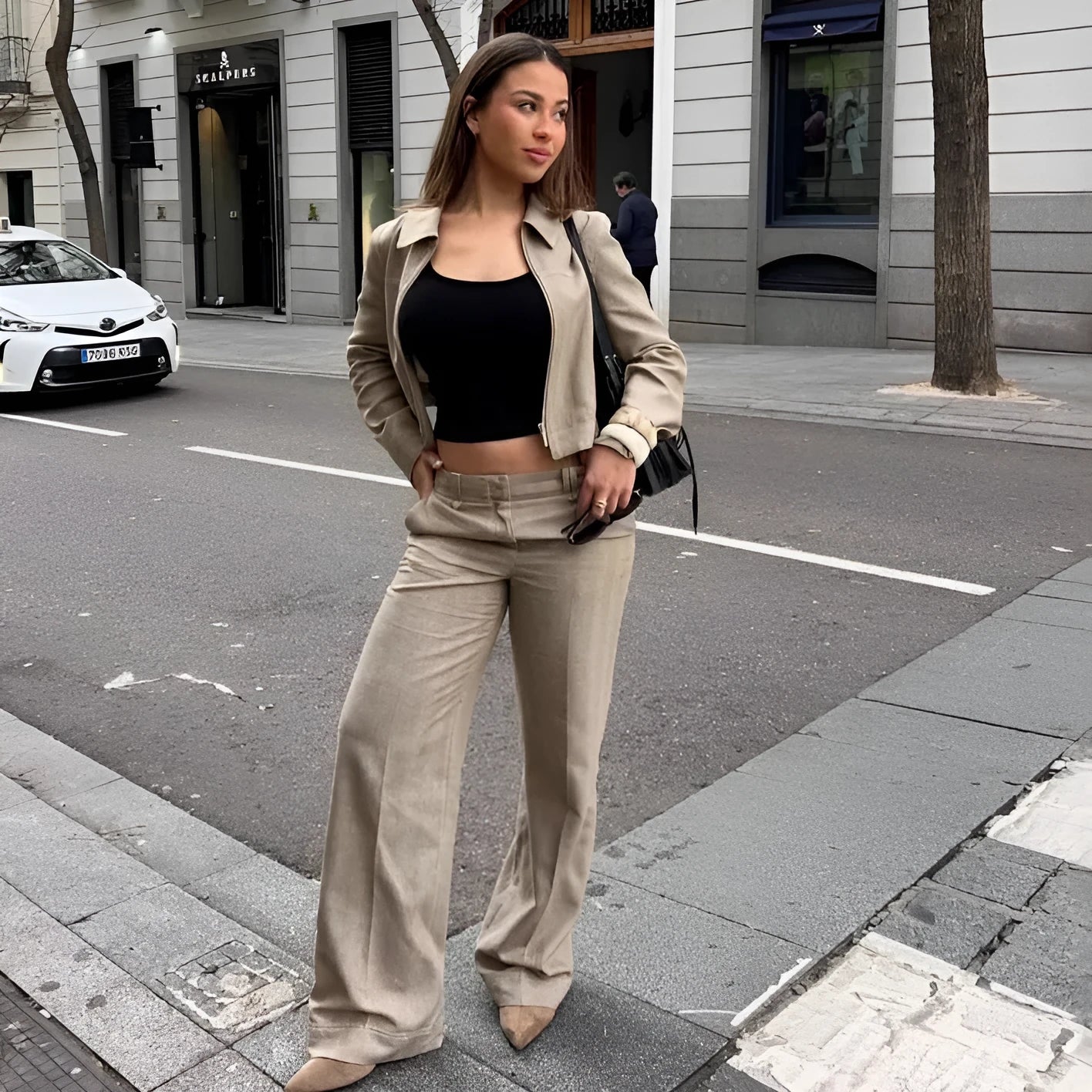 Women's herringbone pattern summer suit with 3D embroidery, jacket and trousers set