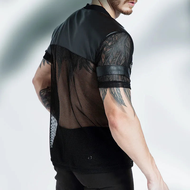 Black men's V-neck athletic t-shirt with stitching detail on the collar, made from polyester mesh fabric.
