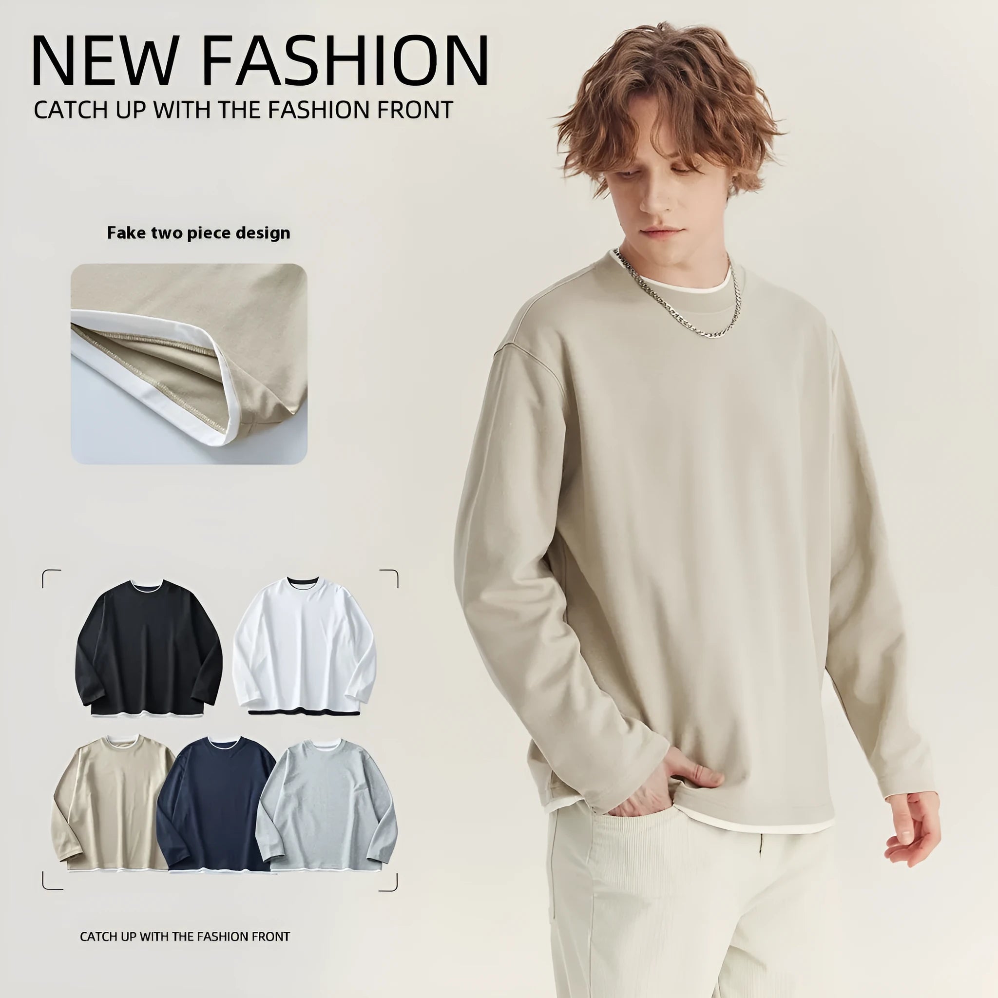 Man wearing a loose-fit long-sleeved cotton blend t-shirt in a solid colour, showing the round neck and casual style.