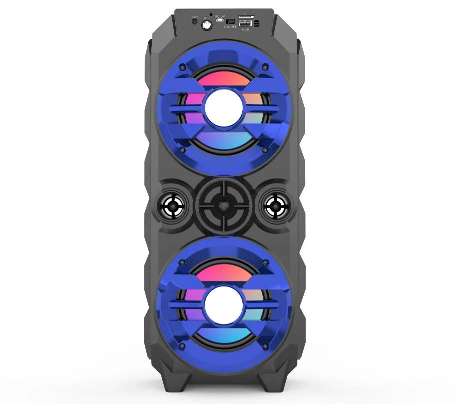 Portable Bluetooth speaker with colour lights and pull rod handle in blue, red, or silver grey finish