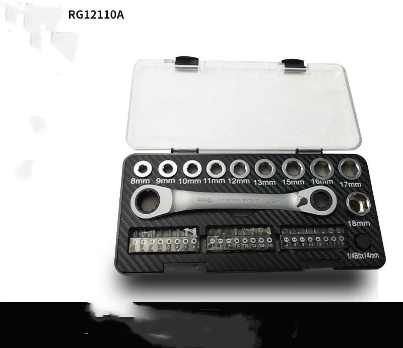 Dual-purpose ratchet wrench and screwdriver set with sockets and bit heads on a white background.