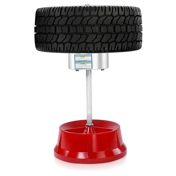 Portable wheel balancer tool with aluminium head and bull's-eye level on a black enamel base.