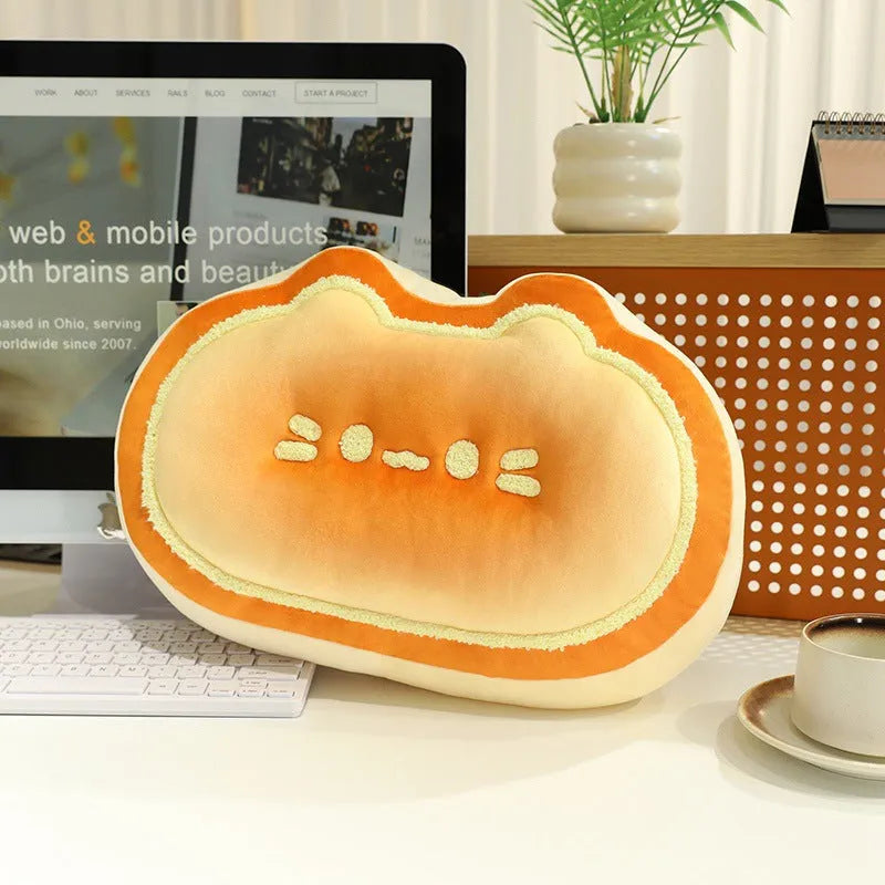 Cheese shaped plush pillow with cute kitten design in caramel colour, 40cm size