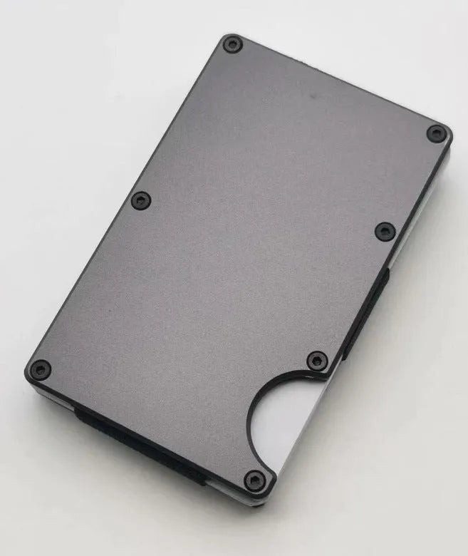 Aluminium alloy grey carbon fibre credit card wallet showing RFID protection feature