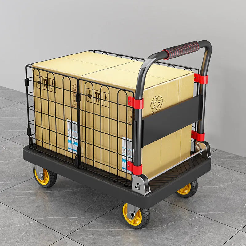Black folding platform truck with fence 72x48 cm high strength plastic mute bearing 500 kg