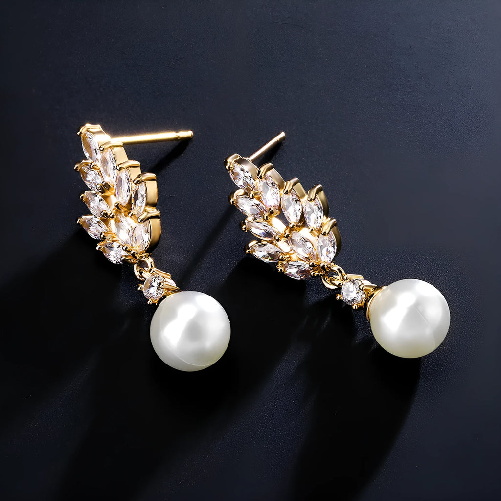 Geometric flower earrings with micro inlaid zircon and pearl accents in gold, white gold, and rose gold plating options