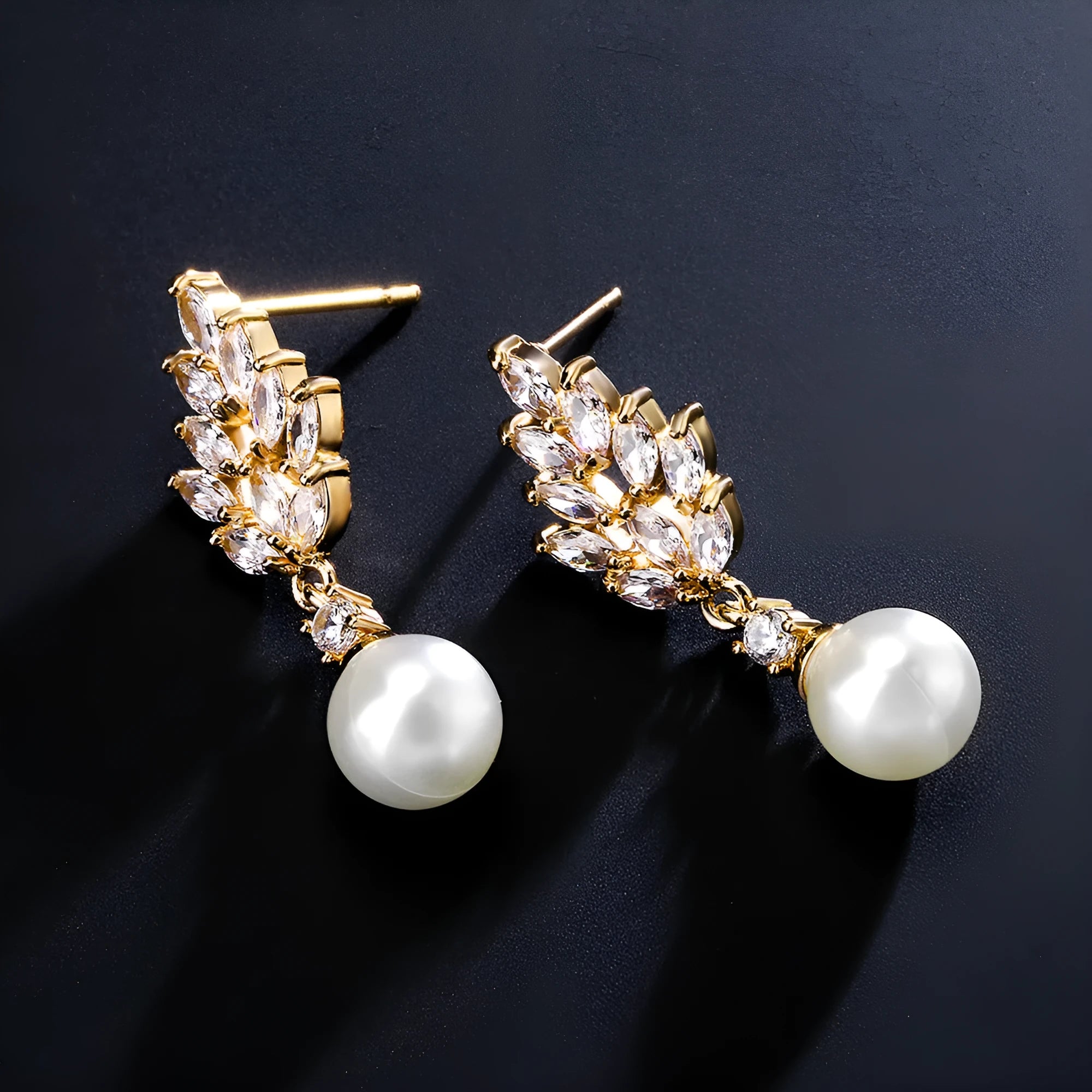 Geometric flower earrings with micro inlaid zircon and pearl accents in gold, white gold, and rose gold plating options