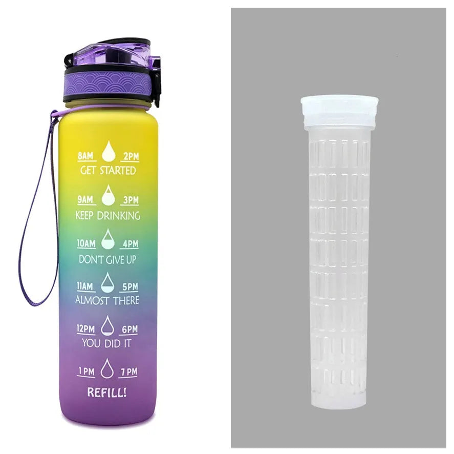 Blue-red gradient 1L Tritan water bottle with time markers and flip-top lid on a gym bag