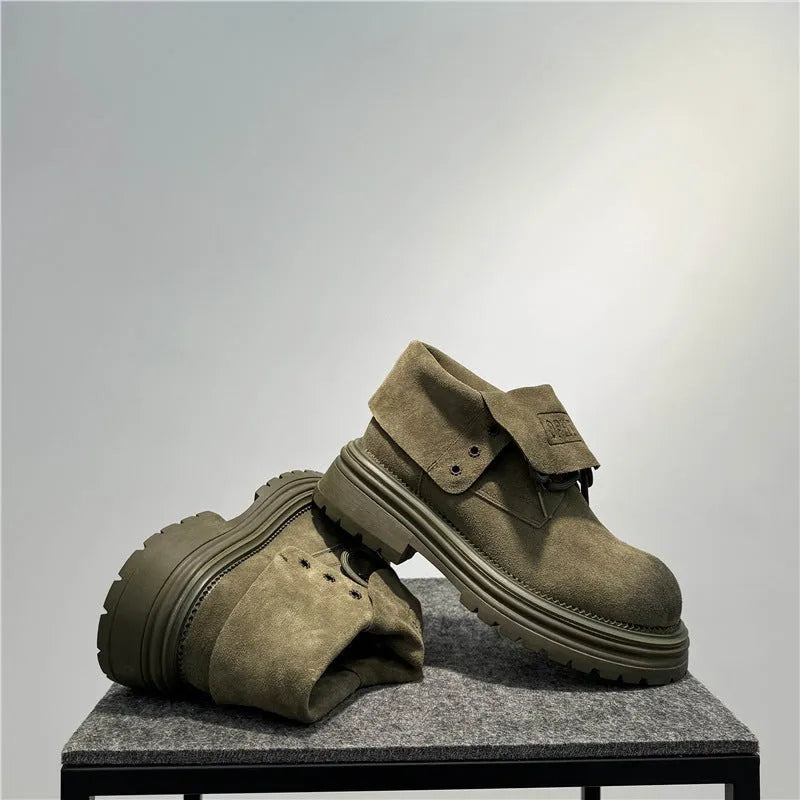 Men's retro distressed worker style platform boots in cow suede with two-way zip fastening