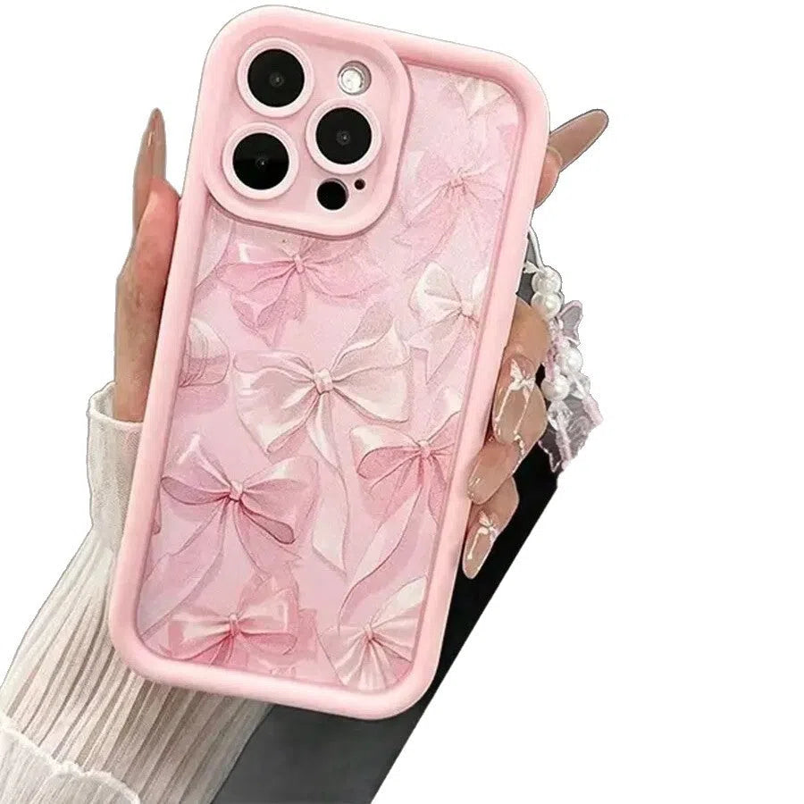 Pink TPU phone case with cartoon butterfly bracelet for iPhone 11 to 17 series