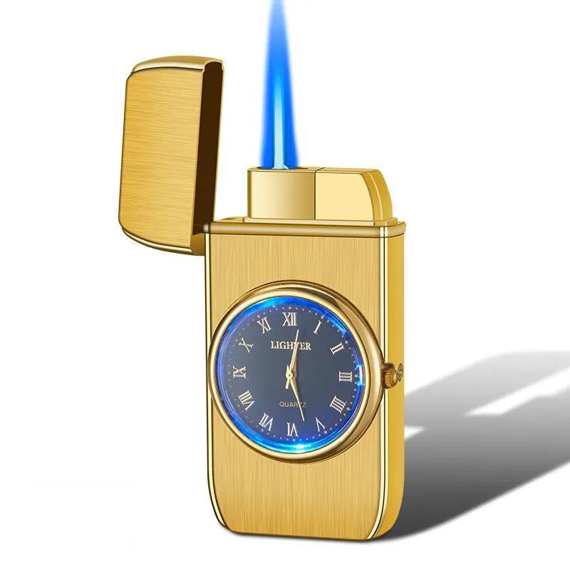 Black brushed zinc alloy watch-style windproof torch lighter with integrated light and butane refillable fuel, 76x38x155mm