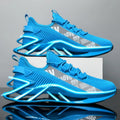 Men's casual shoes in blue with fly woven mesh upper and embroidery detail.