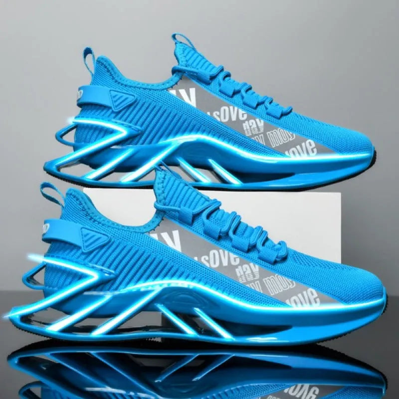 Men's casual shoes in blue with fly woven mesh upper and embroidery detail.