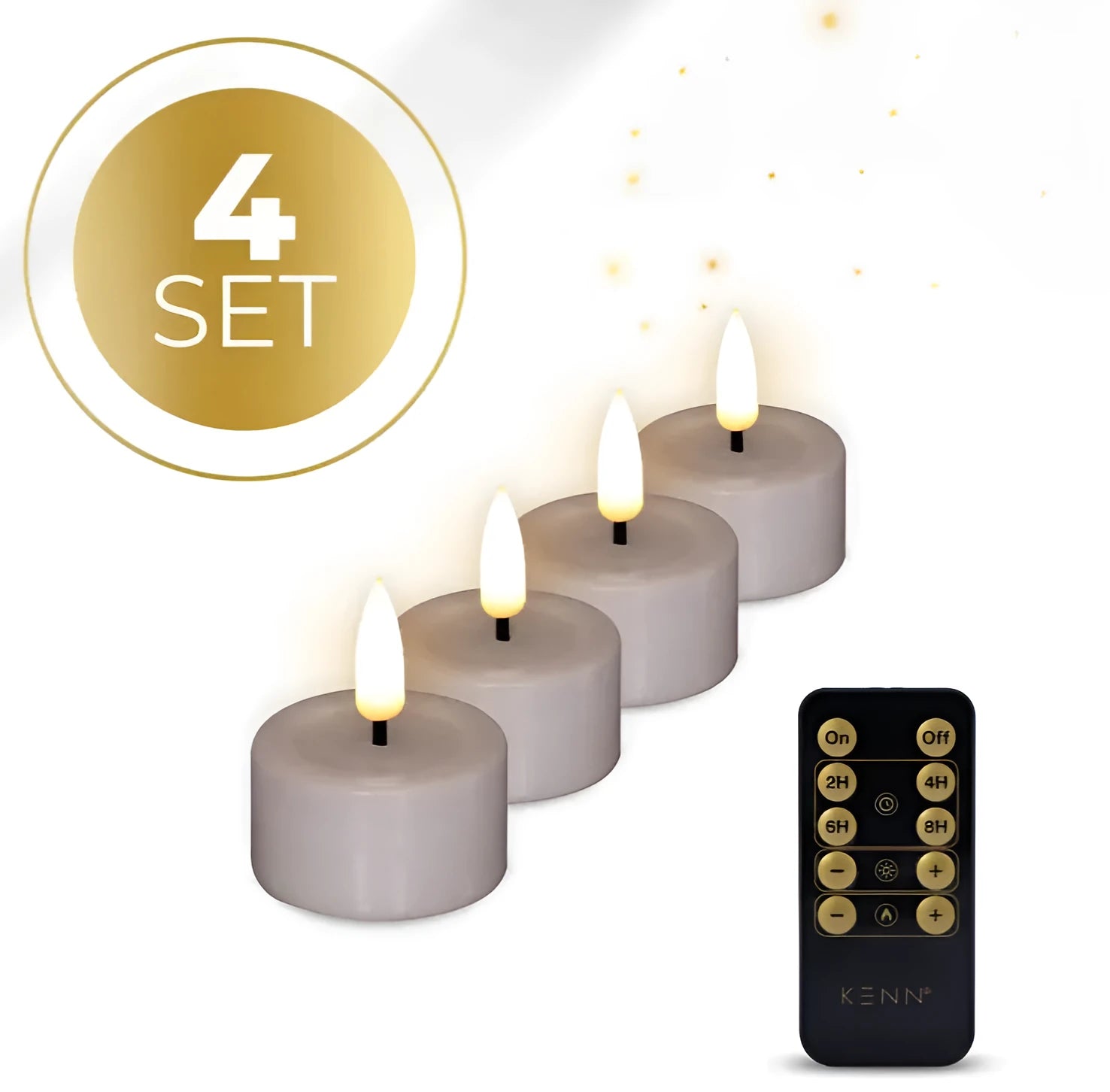 Four taupe-coloured S4 LED flameless tealight candles showing their size.