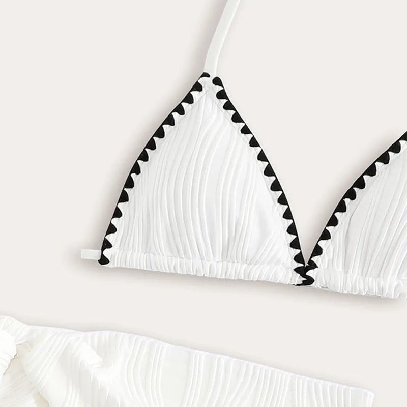 Girls white three-piece solid colour swimsuit set top pants and skirt for beach pool ages 8 to 12