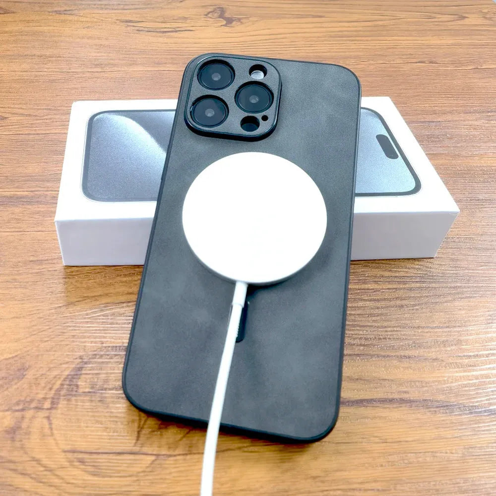 Magnetic sheepskin pattern imitation leather iPhone case in black, shockproof soft shell with anti-fingerprint and heat dissipation functions.