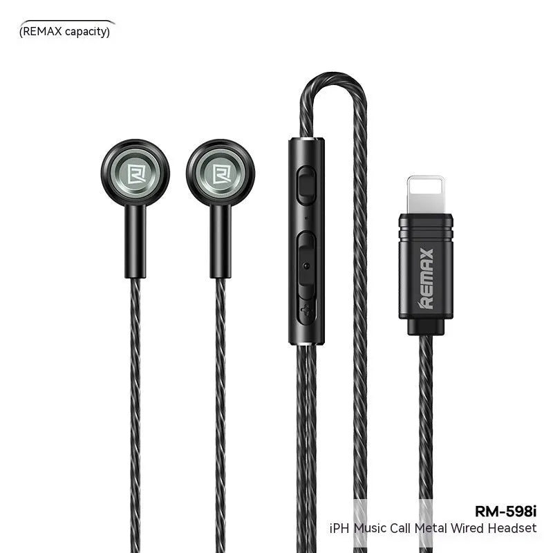 RM711 metal wired e-sports earphones with round hole design in black, green, and silvery, compatible with Type-C and Lightning connectors.