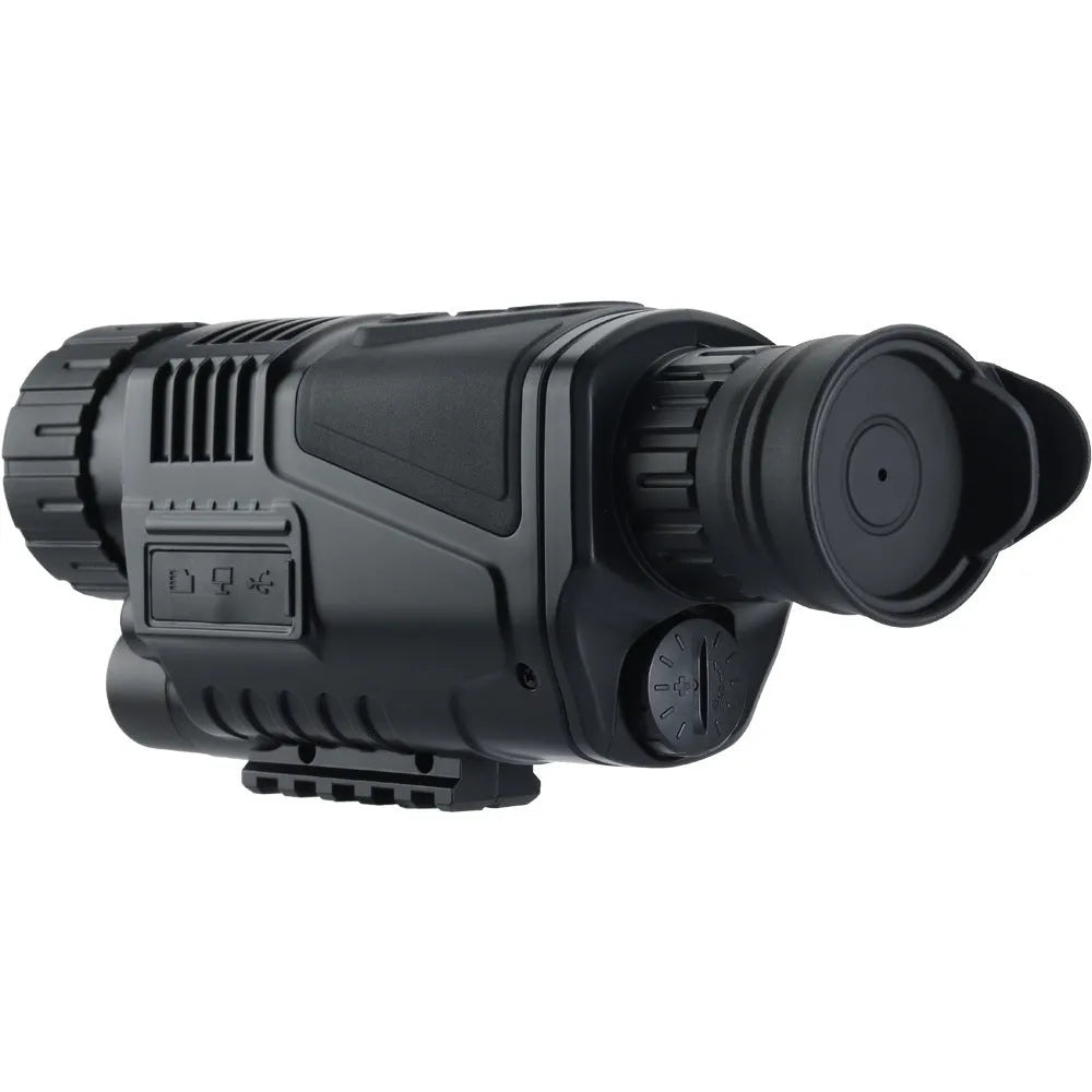 Black infrared digital night vision telescope with 40mm lens, rubber coating, and storage bag on a table.