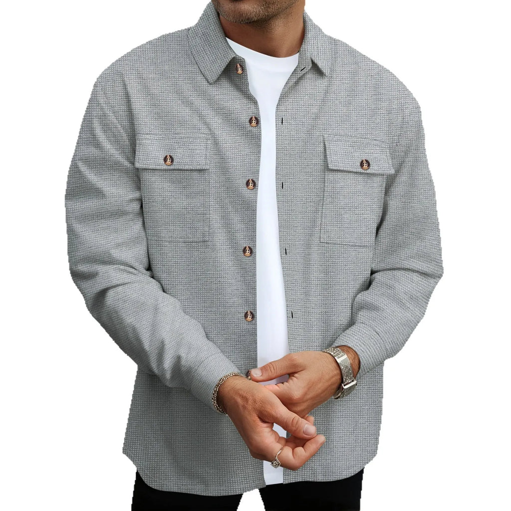 Men's solid colour waffle double pocket button-up long sleeve casual shirt in khaki
