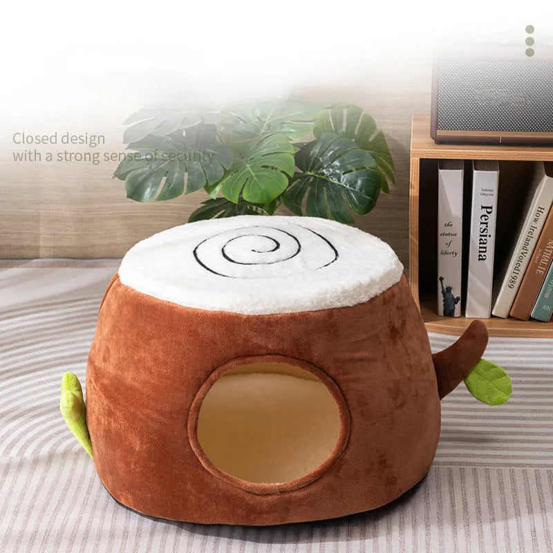 Transformable double-layer tree stump cat nest in natural brown with cream cushion and arched front doorway