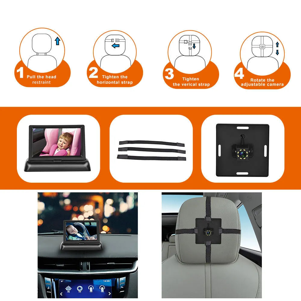 4.3 inch folding screen car baby monitor with rear view camera and cigarette lighter power cord