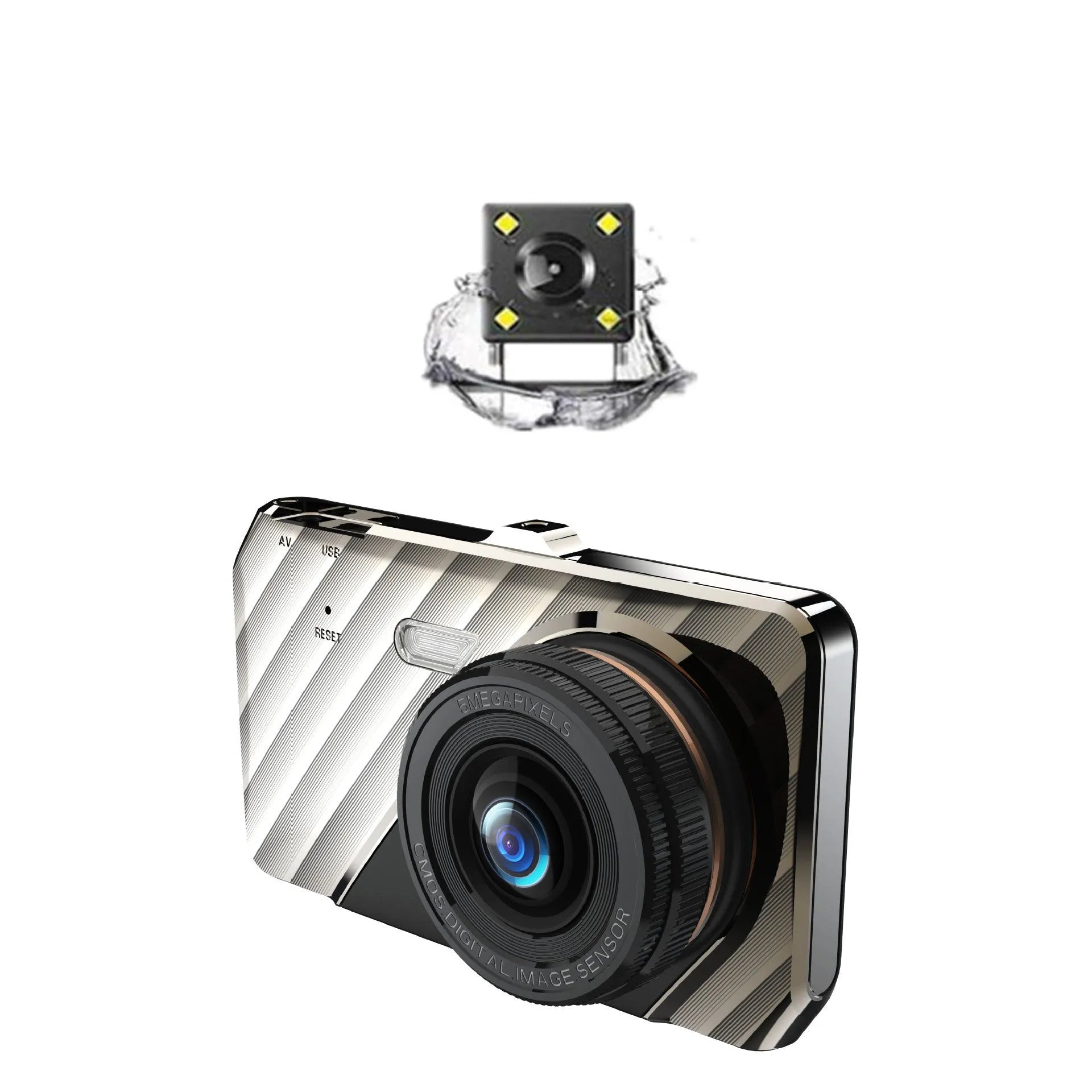 4 inch front and rear dual lens dashboard camera with touch screen display showing dual camera views