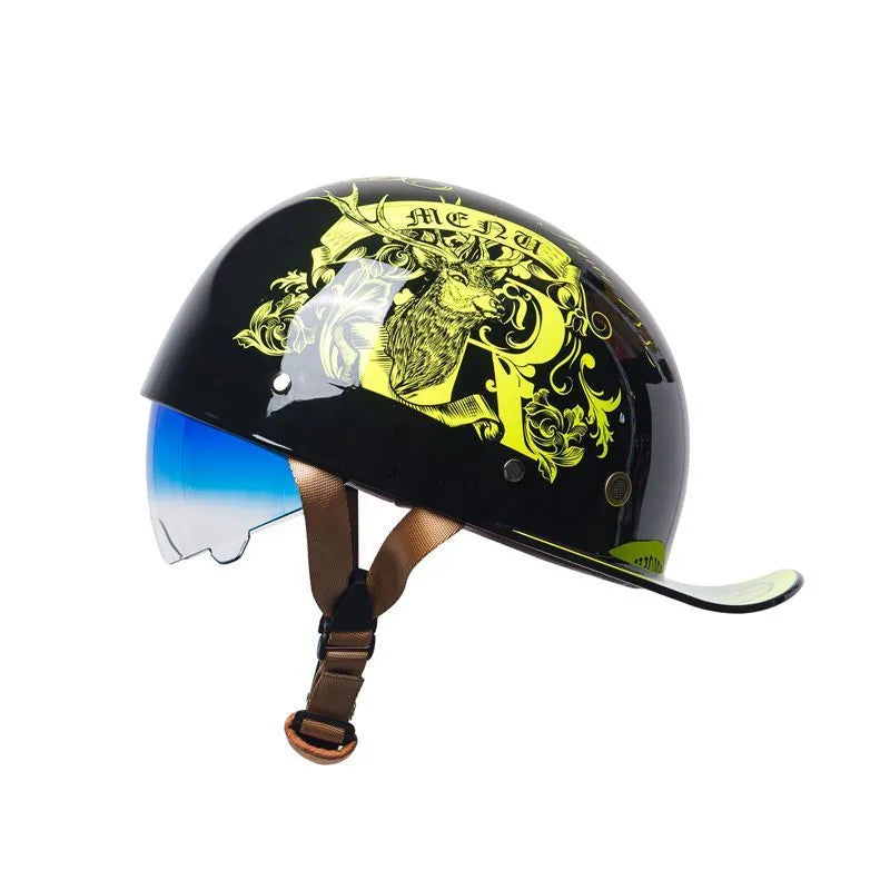 Men's bright black gradient retro half helmet for electric bicycles with a blue lens.