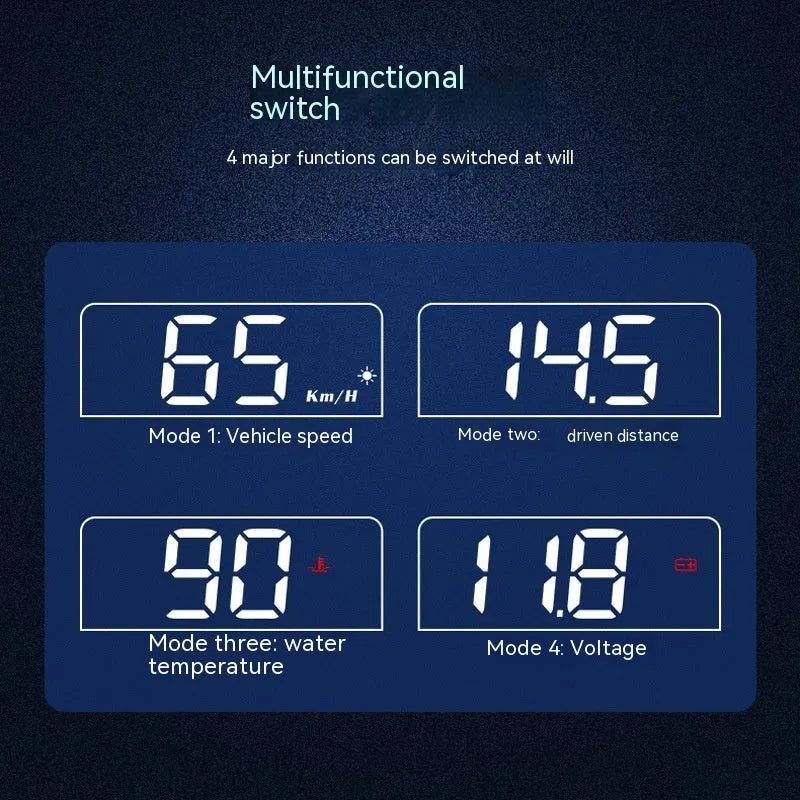 Black car head up display unit with 2.0 inch screen, showing OBD connection cable.